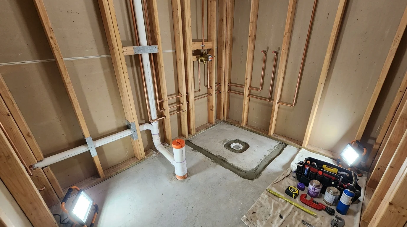Bathroom rough-in plumbing during remodel by Johns Plumbing LLC in Matthews