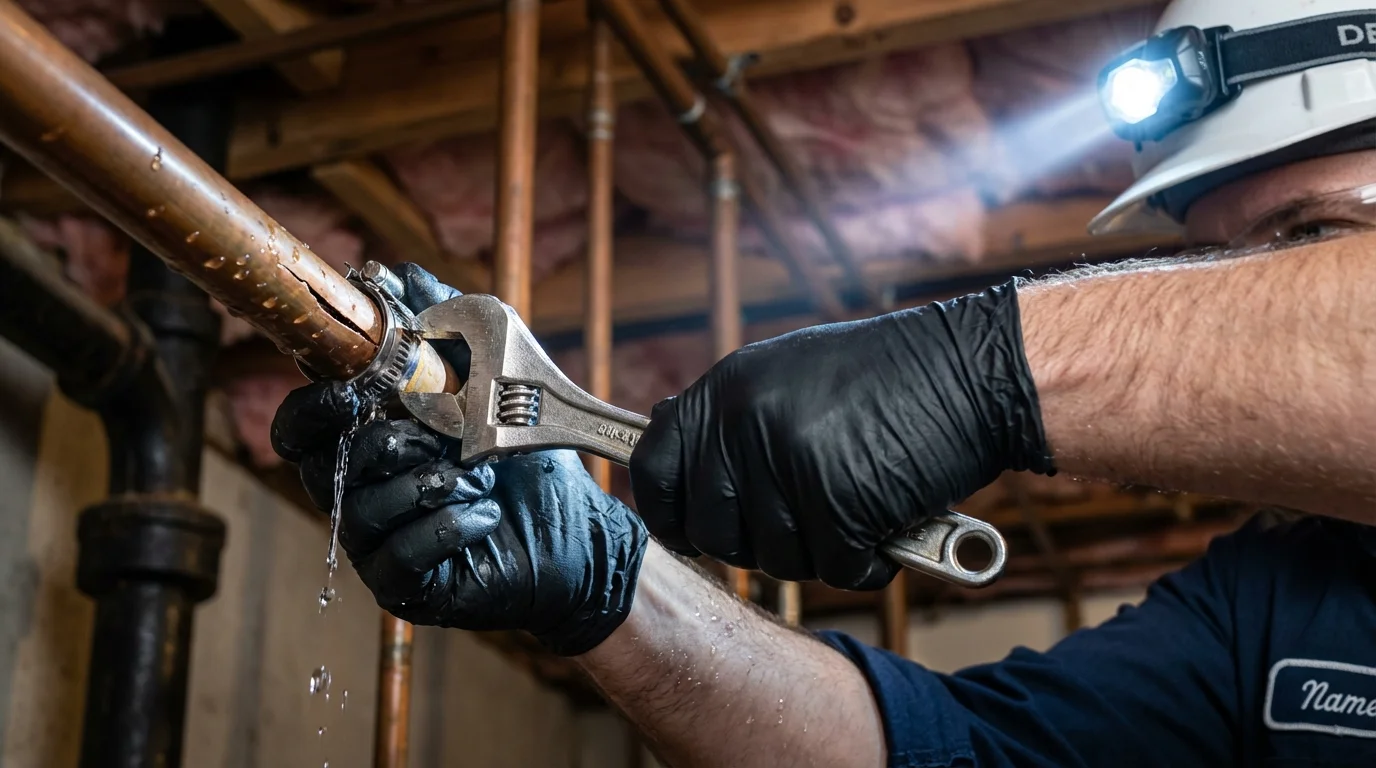 Emergency pipe clamp repair being performed by a Johns Plumbing LLC plumber in Matthews