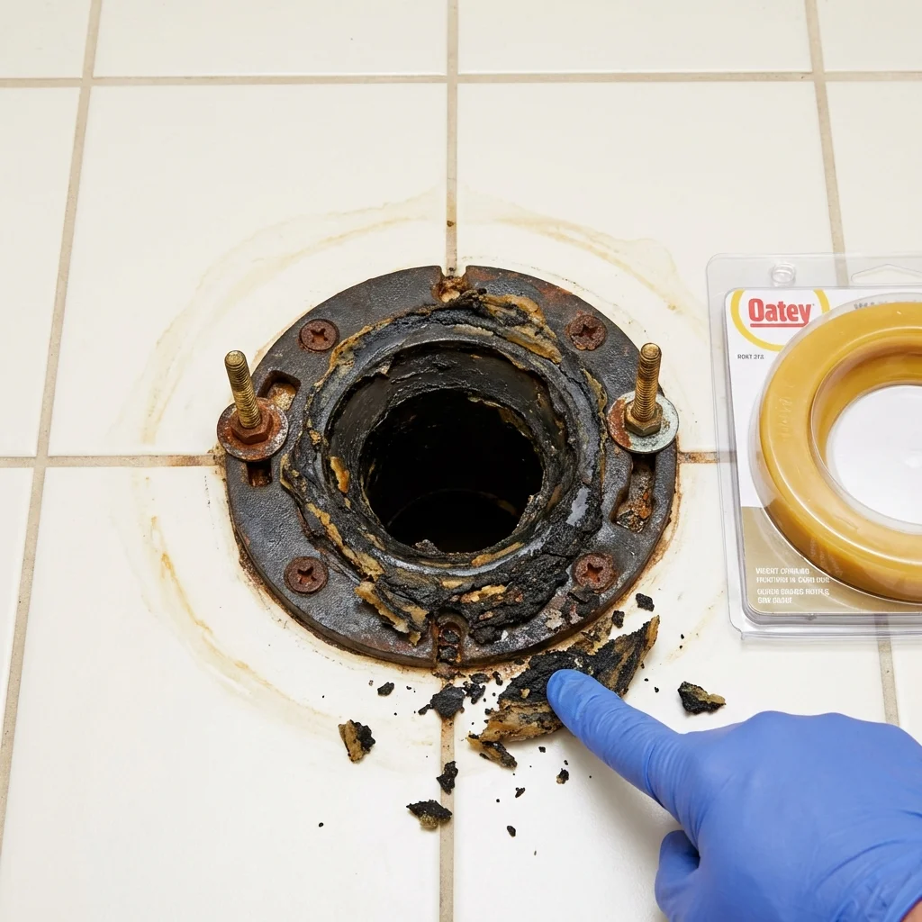 Failed wax ring showing water seepage at the base of a toilet in a Matthews, NC home
